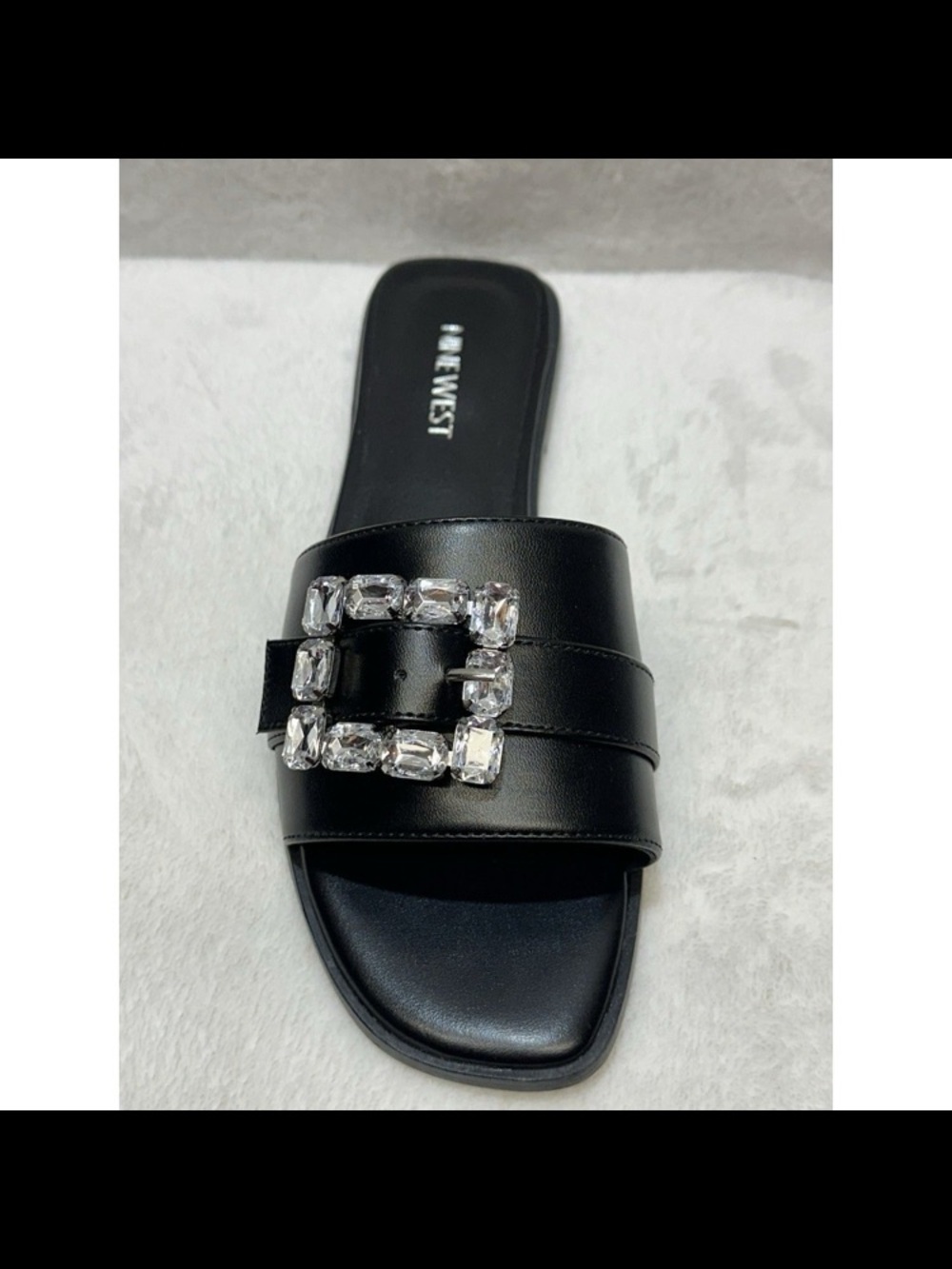 Nine West Black Slide Sandal with Crystal Buckle Accent